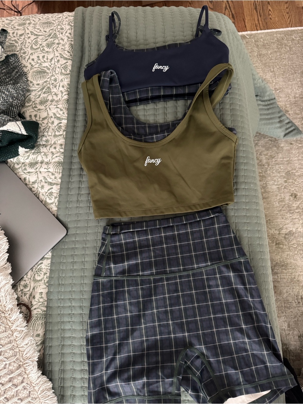 Fancy Women's Olive Green/ navy plaid Crop Tank work out set